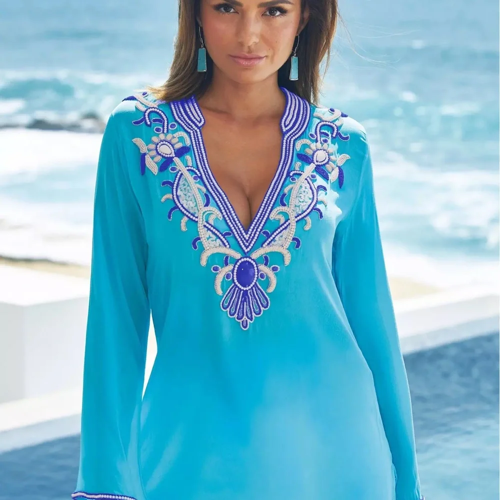 Boston Proper Aqua and Indigo Embroidered Tunic - Picture 4 of 7